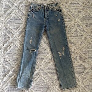 Zara Blue Straight Leg Jeans with Distressed Details